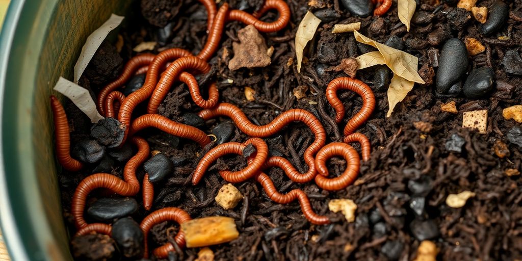 Close-up of a worm bin with composting worms.