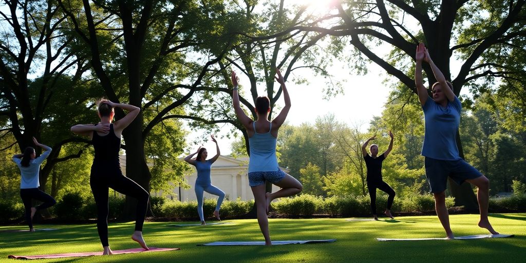People practicing yoga and tai chi outdoors.