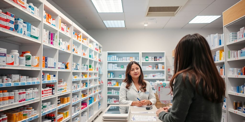 Pharmacist assisting customer in a modern pharmacy.