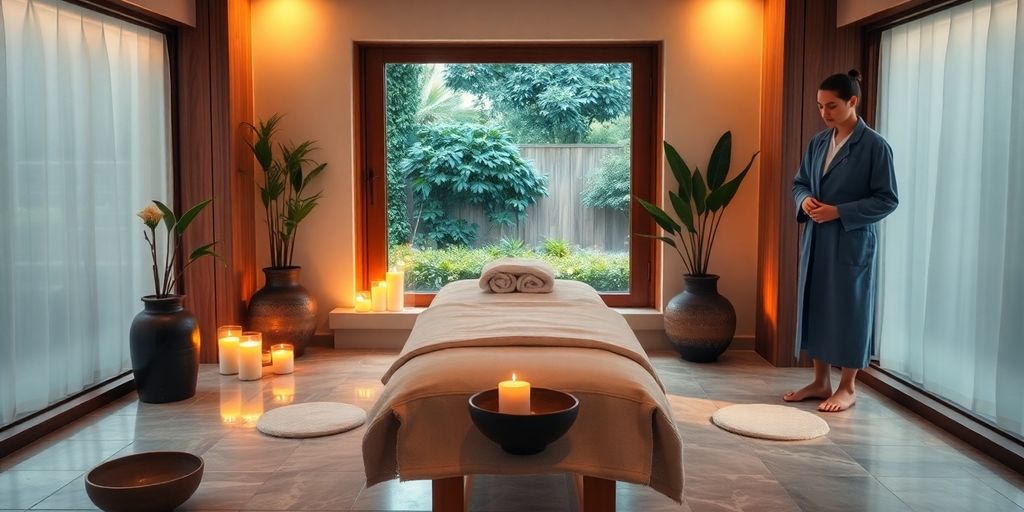Salle de spa privée avec table de massage et jardin