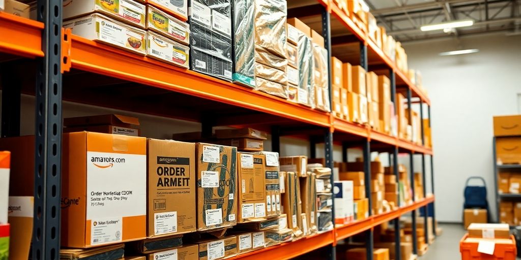 Organized inventory shelf in a seller's workspace.