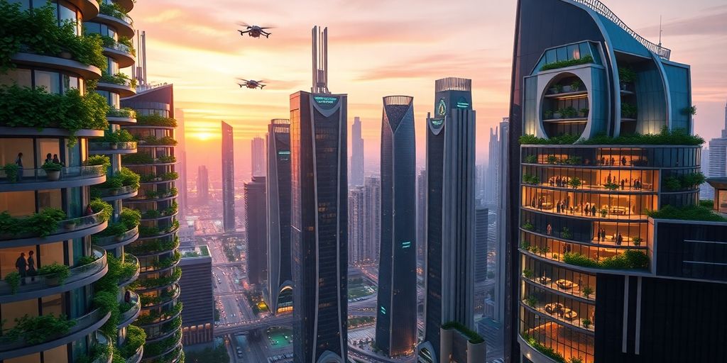 Futuristic cityscape with green energy