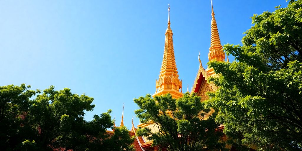 Golden chedi, temple roofs, and green trees under clear sky.