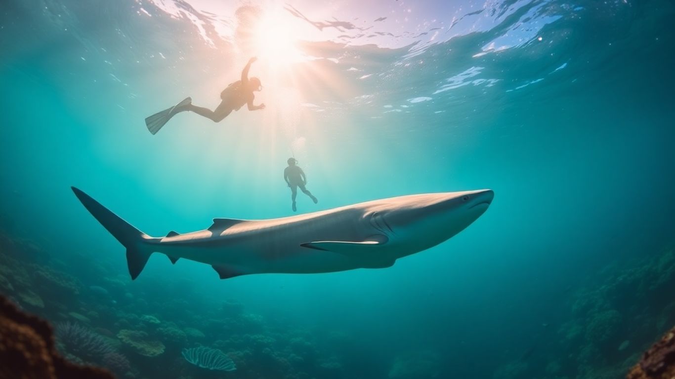 Diver swims with whale shark in clear turquoise ocean water.