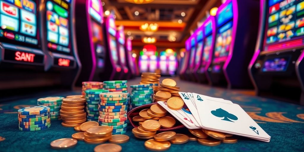 Spinning slot reels, casino chips, gold coins, playing cards