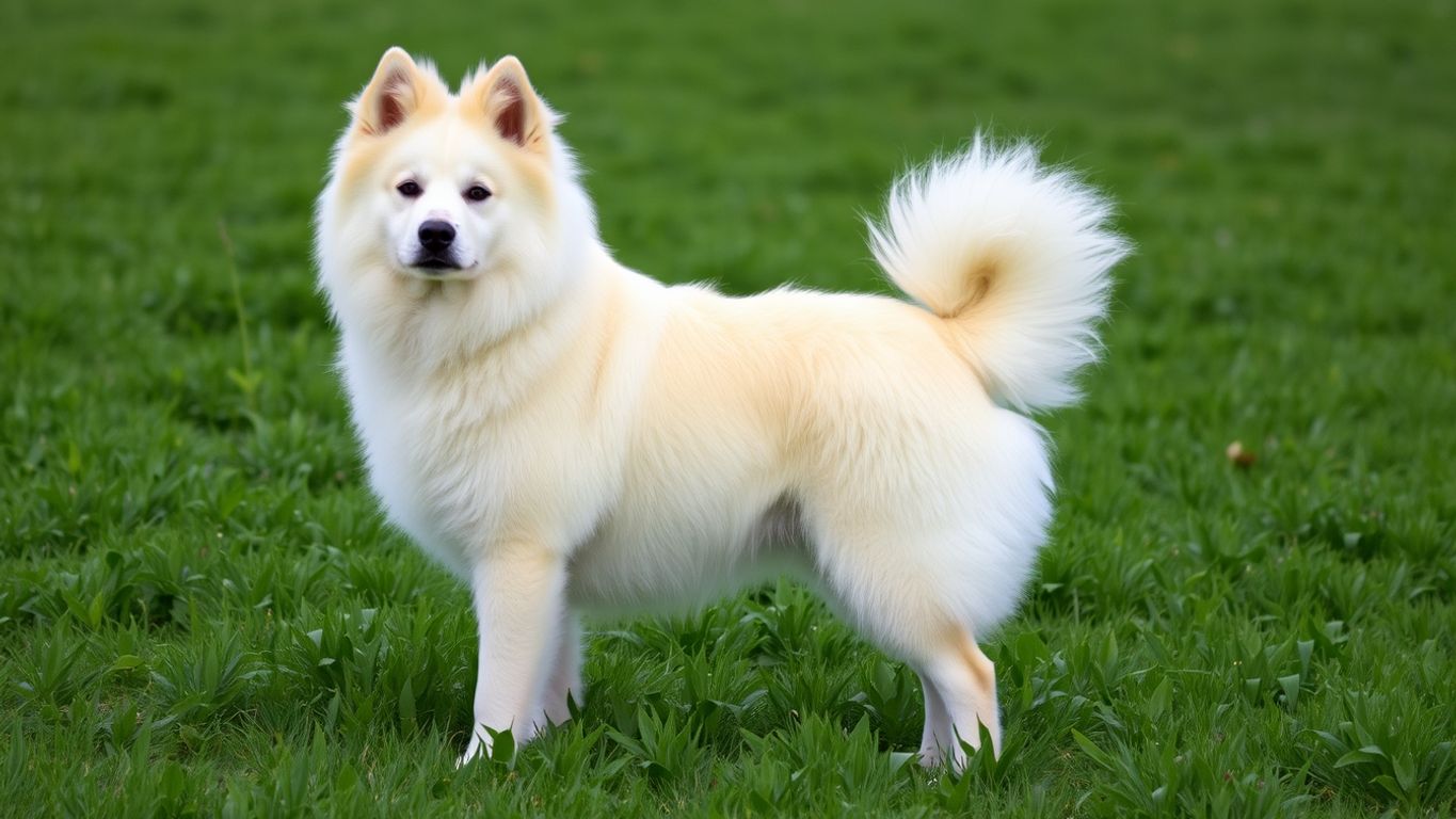 Norrbottenspitz dog in a green field.