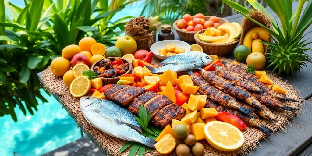 Vibrant Marquesan feast with tropical fruits and grilled fish.