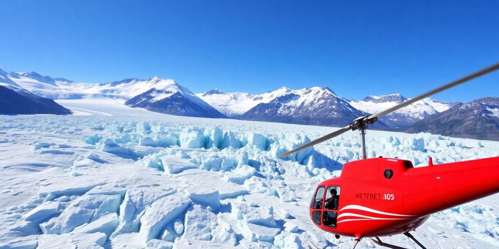 A red helicopter soars over a vast blue glacier.