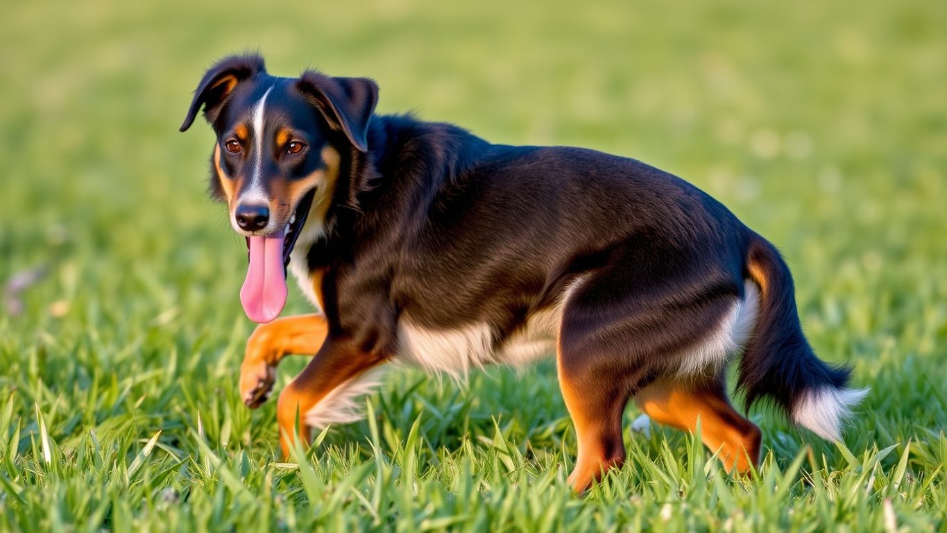 Entlebucher Sennenhund playing in a green field.