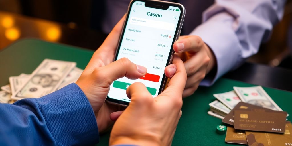 มือใช้สมาร์ทโฟนในการฝากเงินที่คาสิโนออนไลน์