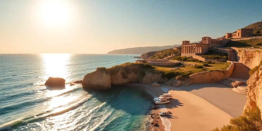Scenic view of Turkish coastline with ancient ruins.
