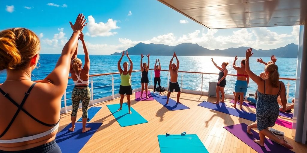 Travelers exercising on a cruise ship deck in sunlight.