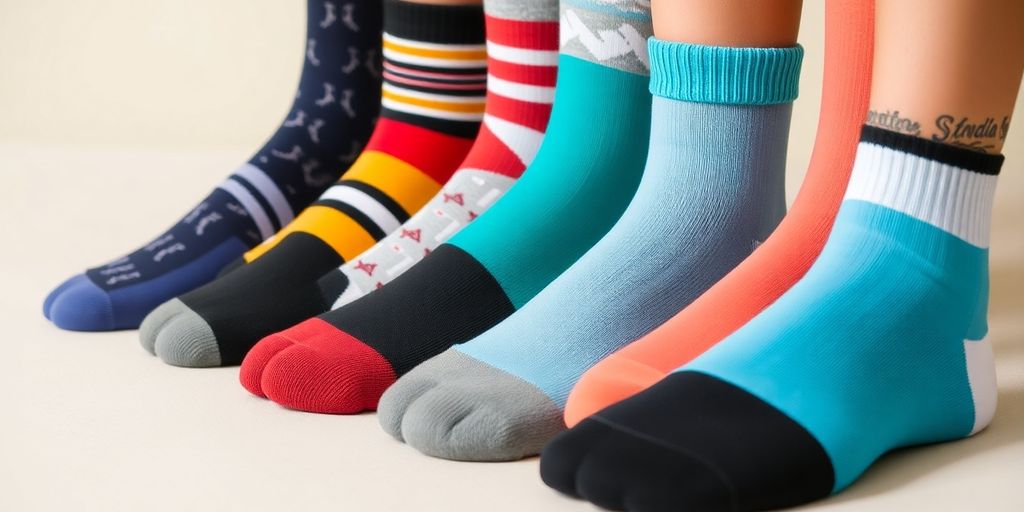 Variety of diabetic compression socks in different styles and colors.