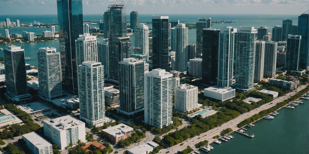 Aerial view of Brickell's skyline with skyscrapers and bay.