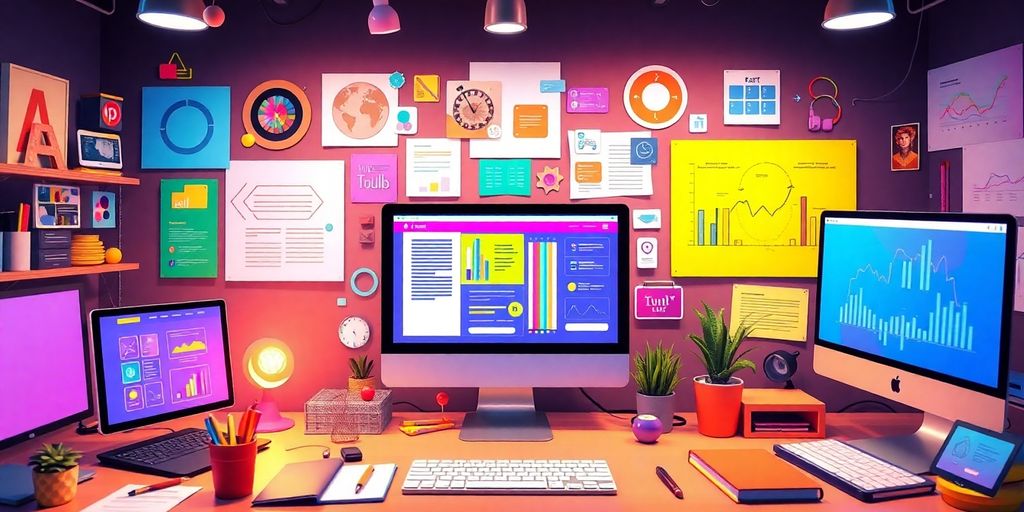 Espaço de trabalho digital vibrante com elementos de design.
