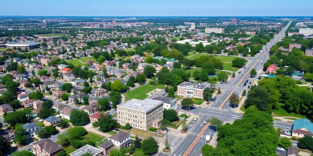 A peaceful cityscape with parks and neighborhoods in sunlight.