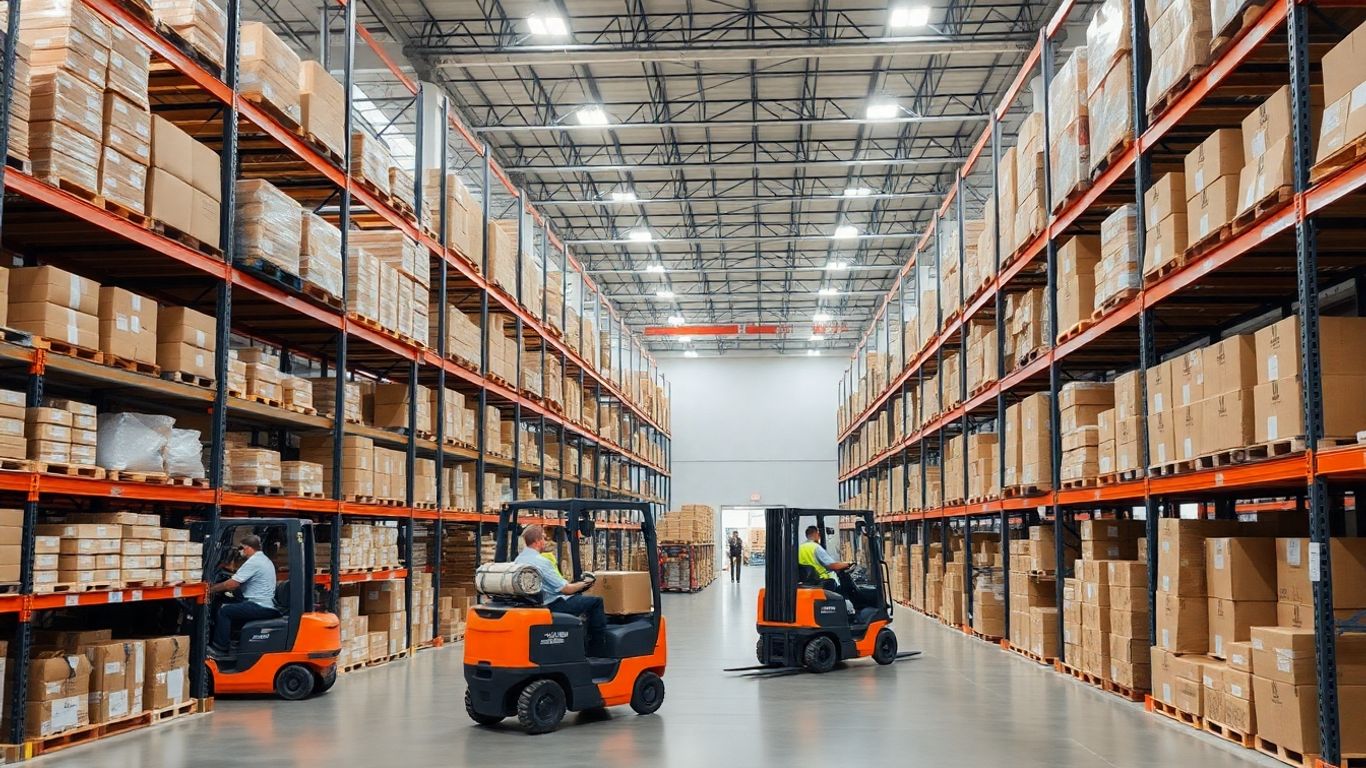 Modern warehouse with organized shelves and workers managing inventory.