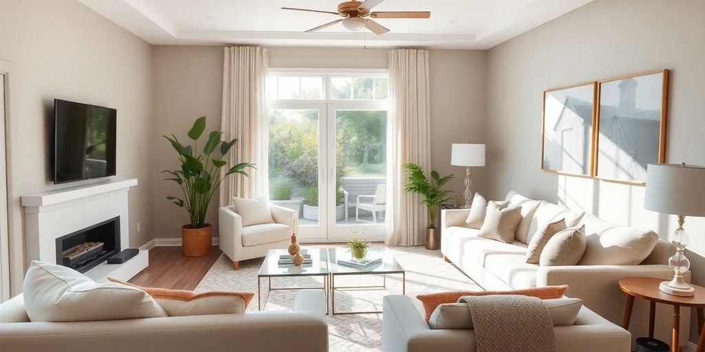 Remodeled living room with modern furniture and decor.