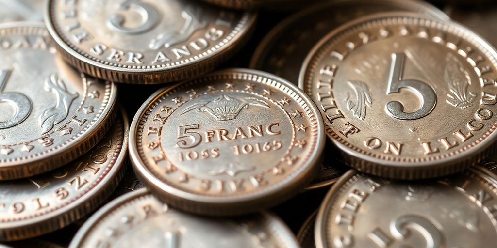 Gros plan sur des pièces de 5 francs en argent empilées.