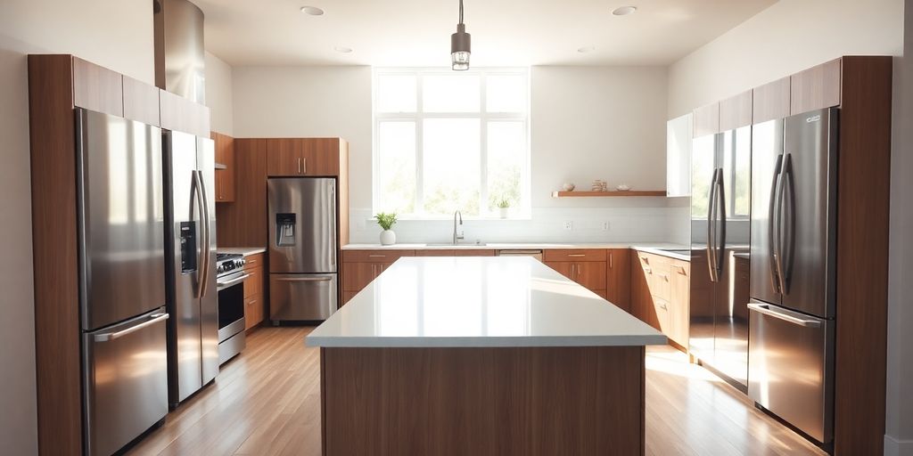 Modern kitchen with island, bright lighting, wood floor.