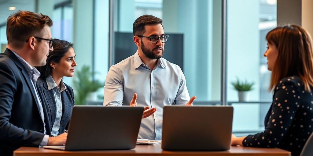 Business consultant discusses blockchain with clients in an office.