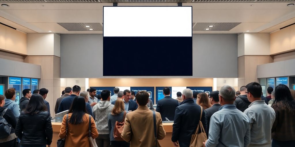 Clients inquiets dans une banque pendant une panne nationale.