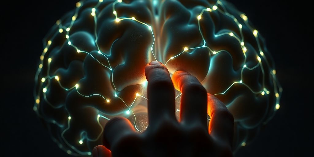 Brain close-up, glowing neurons, hand reaching object.