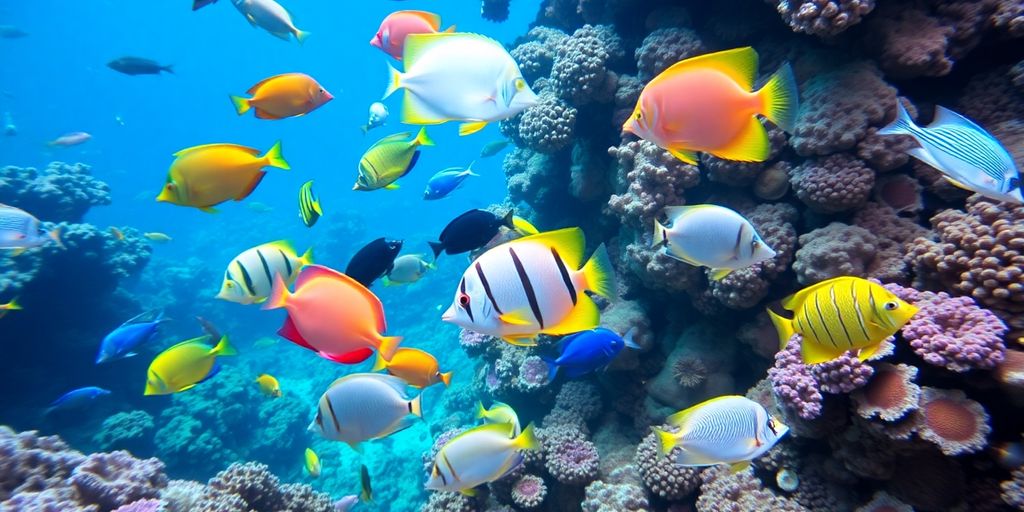 Makukulay na isdang dagat na lumalangoy sa isang coral reef.