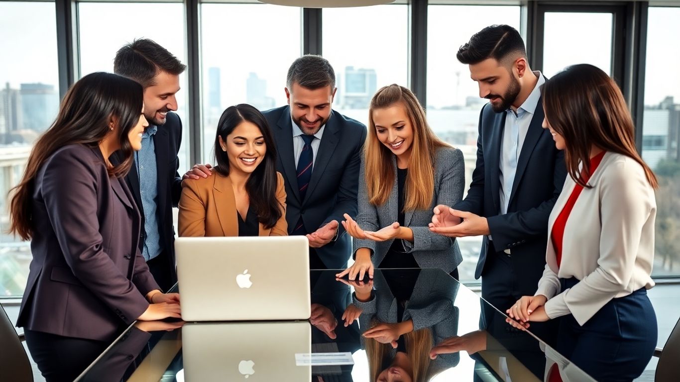 Business team meeting in bright London office setting