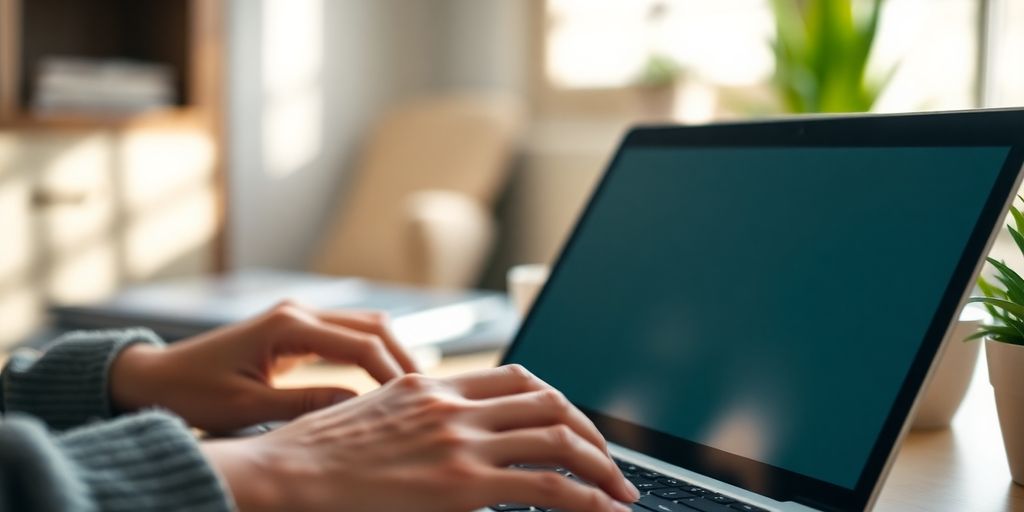 Person typing on a laptop in a cozy workspace.