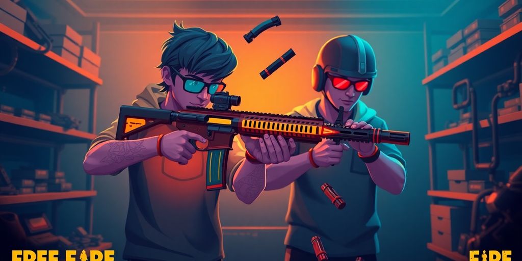 Two Free Fire India characters customizing neon-lit weapons in armory