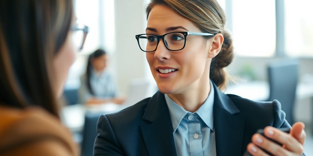 Business professional interacting with a potential client in office.
