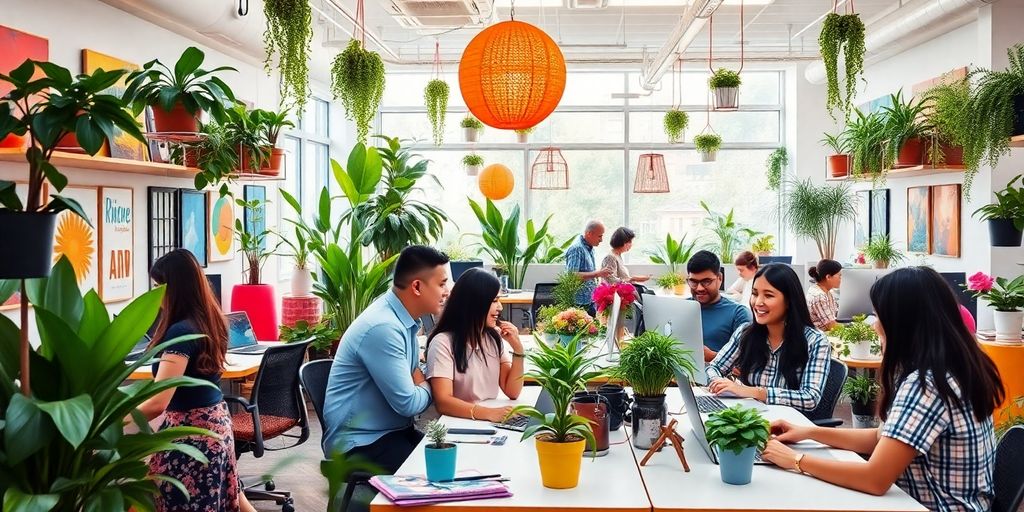 Bright, lively office with people collaborating and enjoying work.