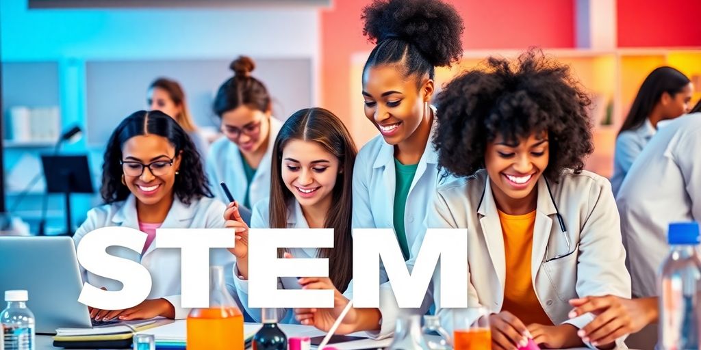 Diverse women collaborating in STEM activities and innovation.