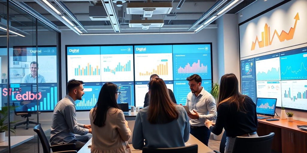 Profissionais de marketing digital em ambiente moderno.