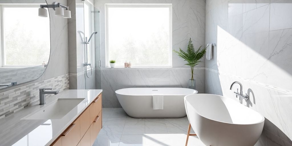 Modern bathroom with elegant fixtures and natural light.