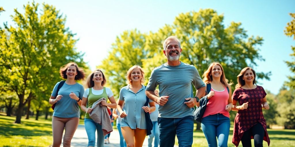 Man and woman smiling, walking on a path outdoors.