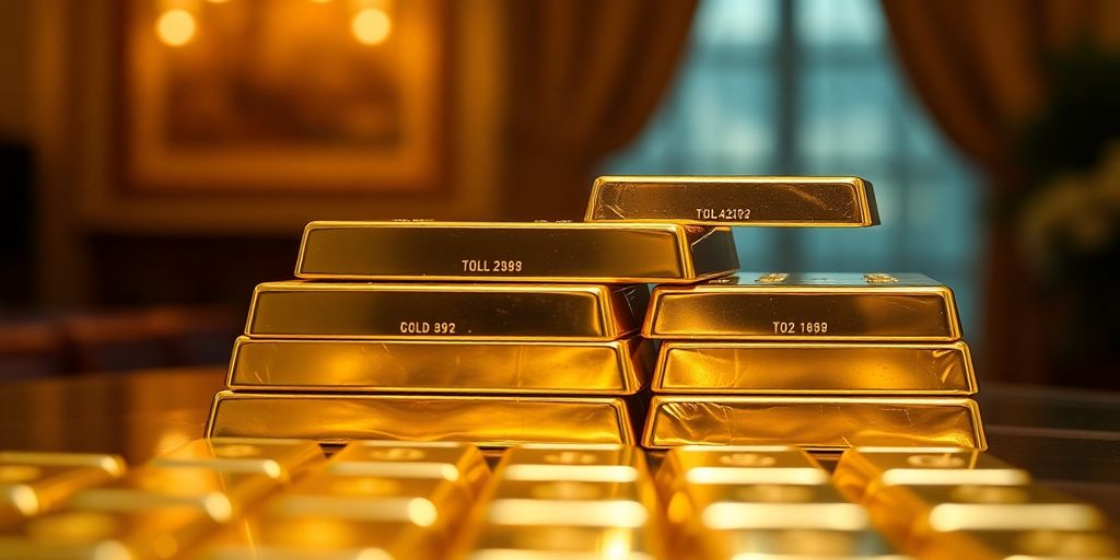 Des lingots d'or empilés dans un cadre luxueux.