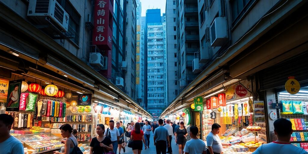 Vibrant market scene with colourful stalls in Hong Kong.
