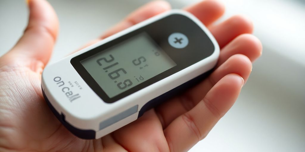 On Call Extra glucometer in a hand.