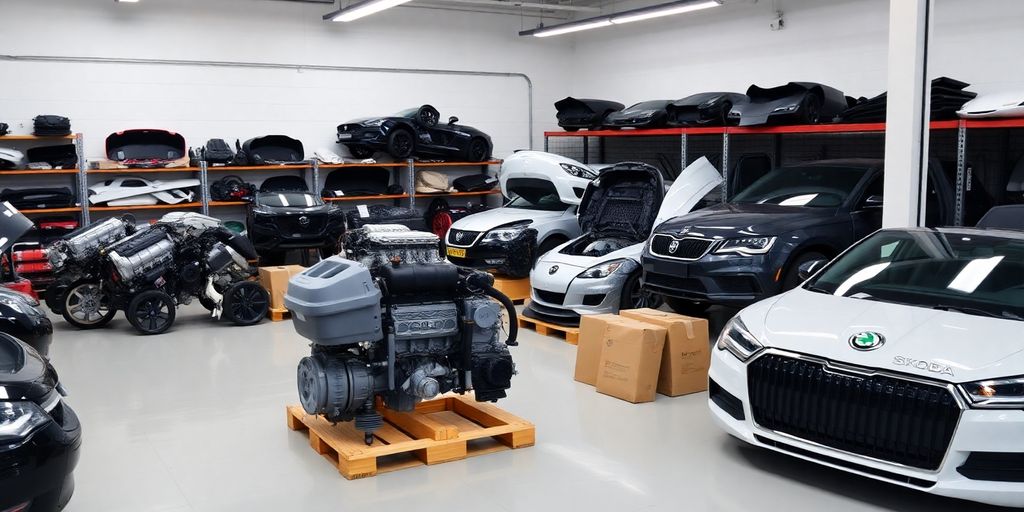 Skoda car parts neatly arranged.