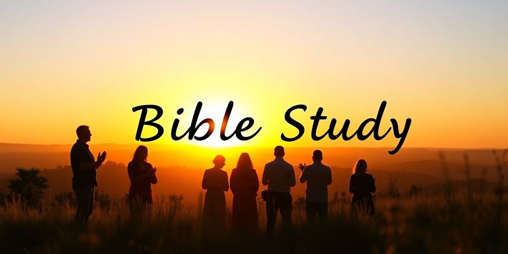 Silhouettes praying in a tranquil sunrise landscape.