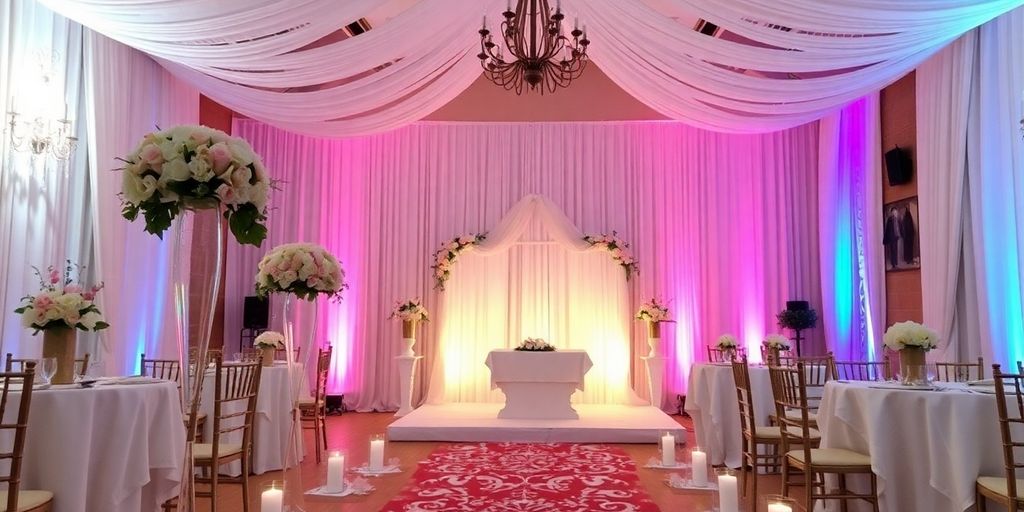 Cozy indoor wedding venue with elegant decor and lighting.