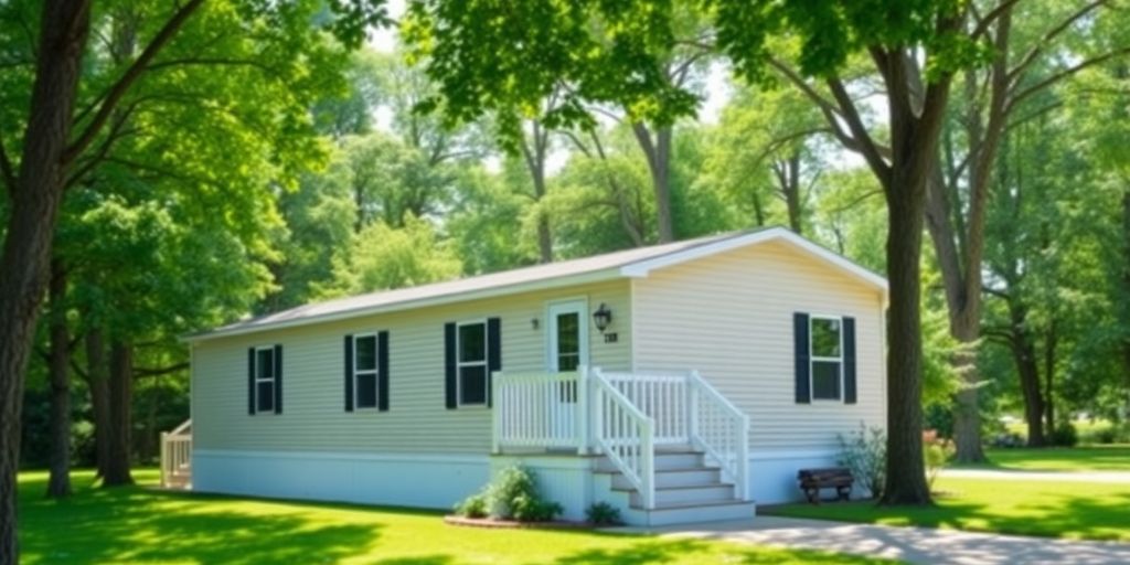 A manufactured home in a peaceful green setting.