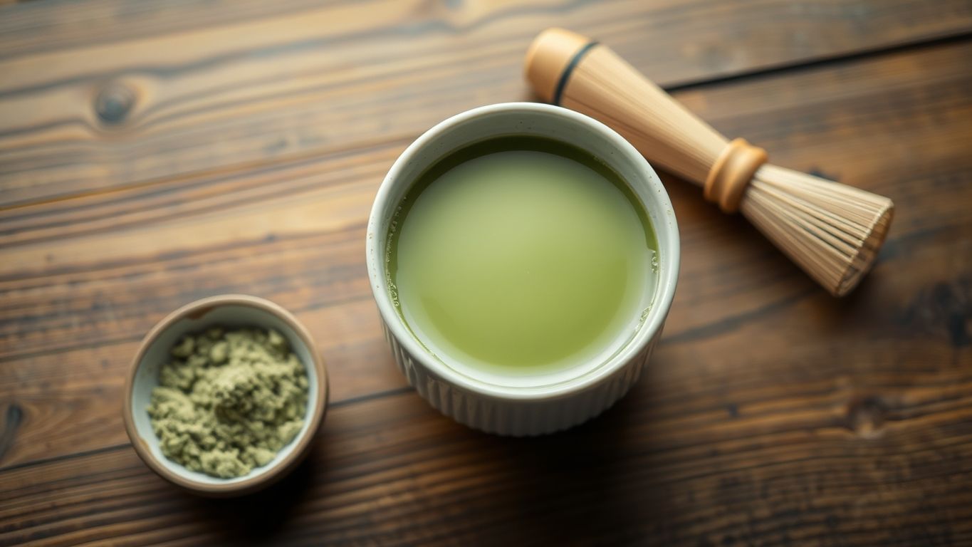 Cup of matcha tea with powder and whisk