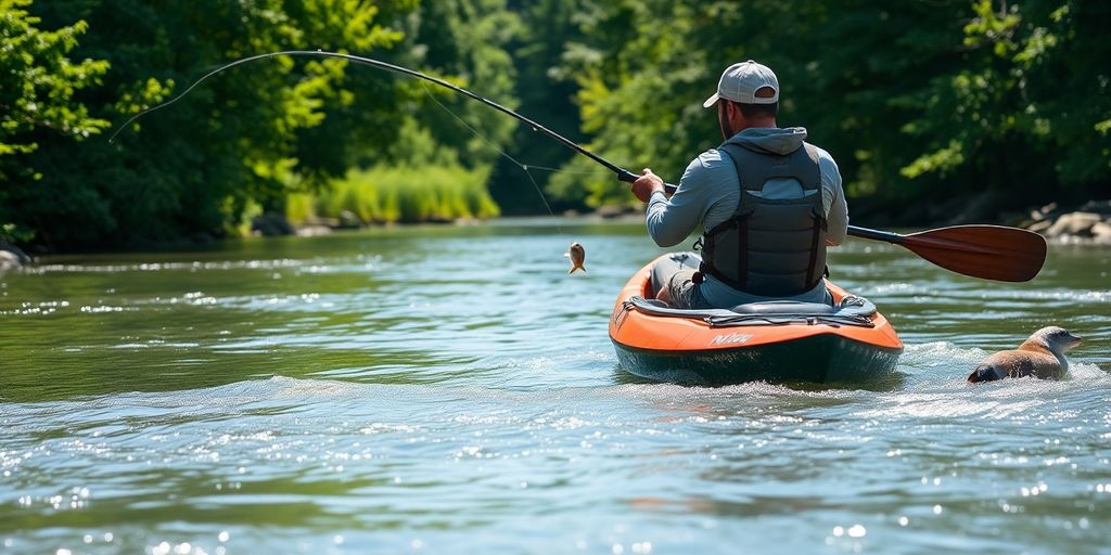 Kayaker fishing on a river.