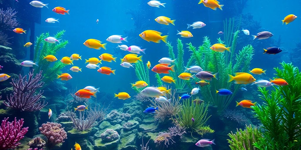色彩斑斓的海洋鱼在郁郁葱葱的水族箱环境中游动。
