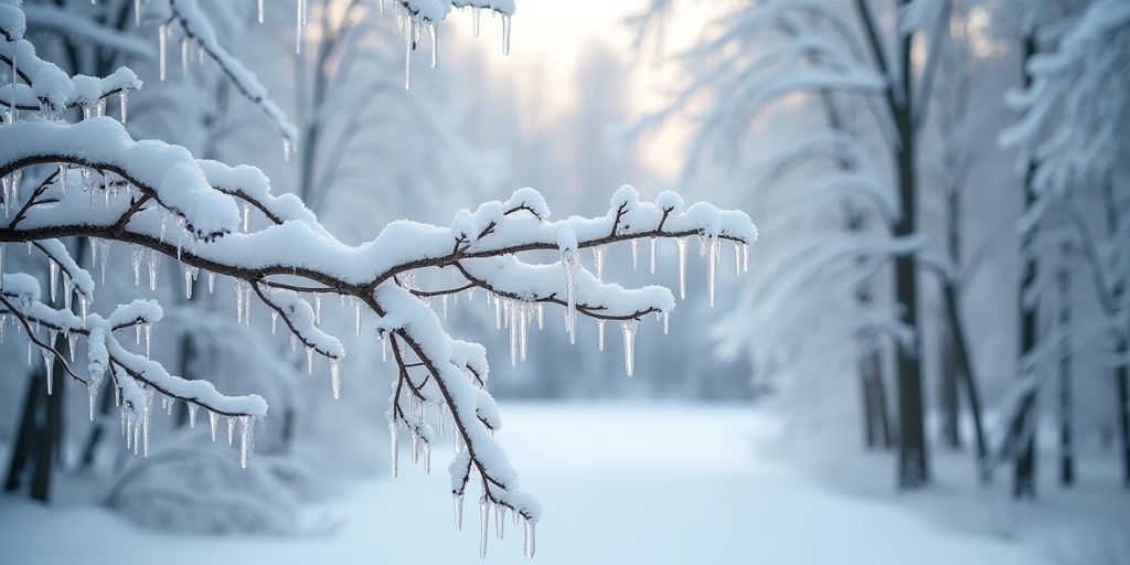 Vinterträd med snö och is i Uppsala.