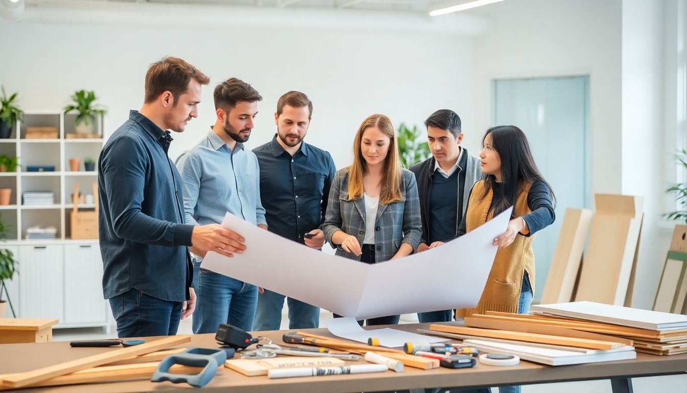 Team collaborating in a modern office refurbishment setting.