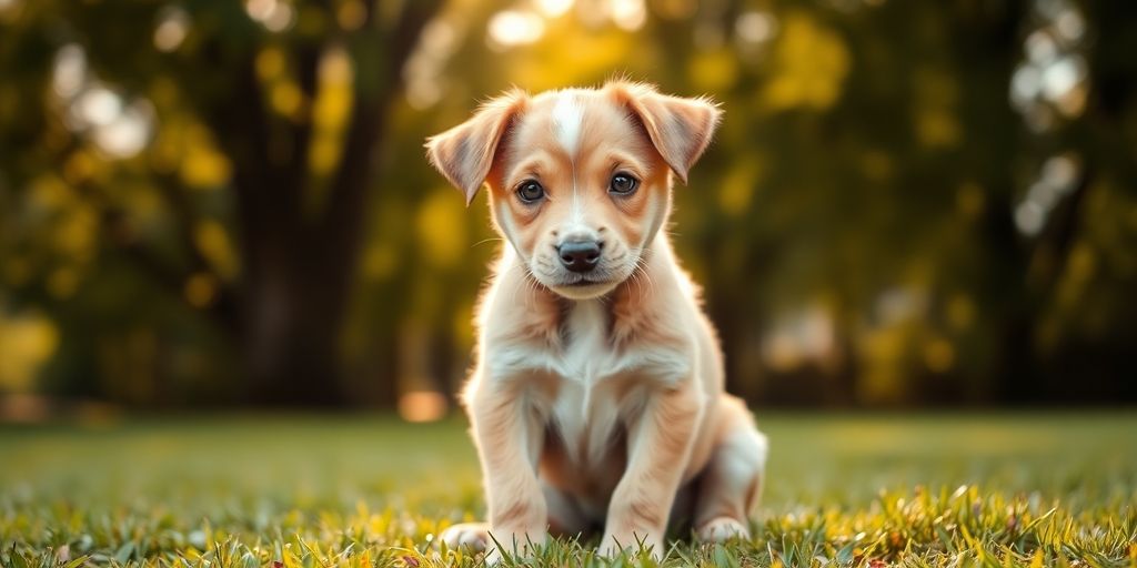 Playful puppy sitting on grass with sunlight background.